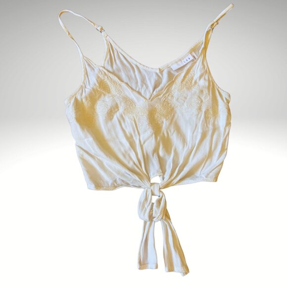 LUQ Cream Embroidered Linen Tie Front Crop Top Floral Summer Tank - Picture 1 of 3